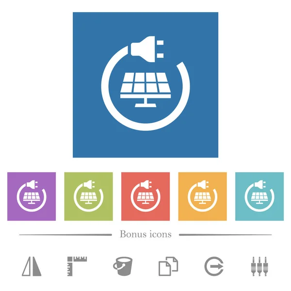 Solarenergie Flache Weiße Symbole Quadratischen Hintergründen Bonussymbole Enthalten — Stockvektor