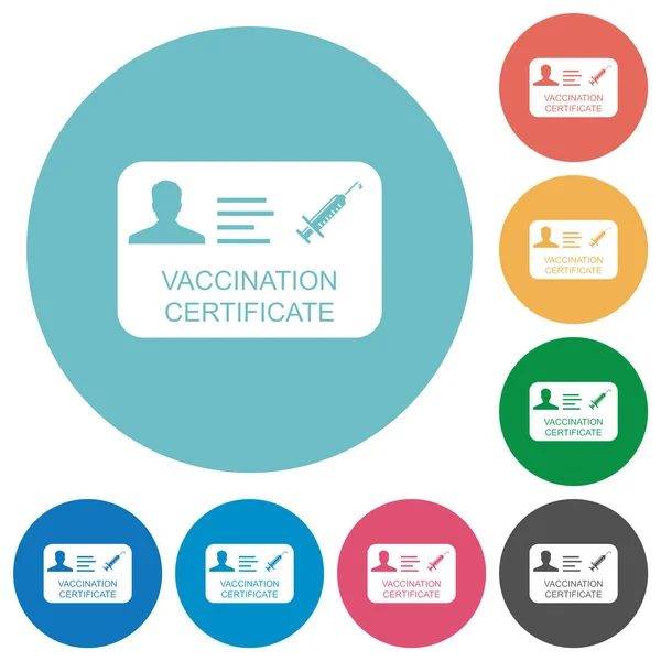 Certificado Vacunación Iconos Blancos Planos Sobre Fondos Redondos Color — Vector de stock