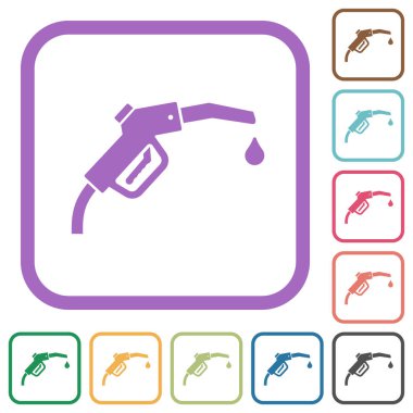 Benzin pompası başlığı. Beyaz arkaplanda renkli yuvarlak kare çerçeveli katı simgeler.