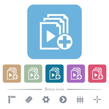 Renkli yuvarlak kare arkaplandaki beyaz düz simgelere yeni öge ekle. 6 bonus simgesi dahil