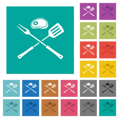 Mangal çatalı ve spatula, arka planda çok renkli simgelerle. Uçan veya etkin efektler için beyaz ve koyu simge varyasyonları.