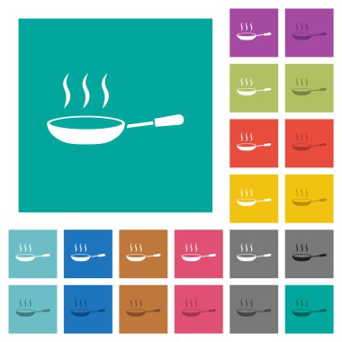 Sade arkaplanda çok renkli dumanı tüten tava simgeleri. Uçan veya etkin efektler için beyaz ve koyu simge varyasyonları.