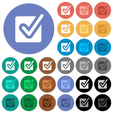 Yuvarlak arkaplanlarda çok renkli düz simgeler işaretlendi. Uçma ve aktif durum efektleri için beyaz, açık ve koyu simge varyasyonları ve bonus gölgeler.