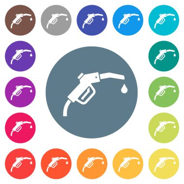 Benzin pompası, yuvarlak renkli arka planda düz beyaz simgeler. 17 arkaplan renk varyasyonu dahil.