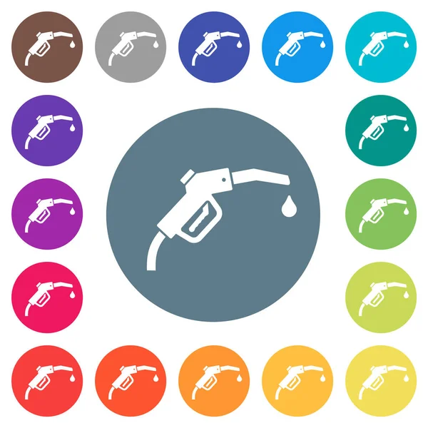 Benzin pompası, yuvarlak renkli arka planda düz beyaz simgeler. 17 arkaplan renk varyasyonu dahil.