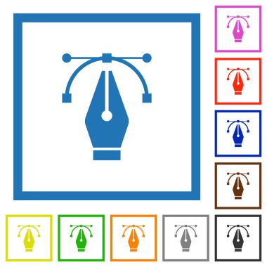 Beyaz arkaplanda kare çerçevelerde kalem aracı düz renk simgeleri ile vektör eğrisi düzenleniyor