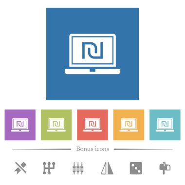 Yeni Shekel tabelalı dizüstü bilgisayar kare arkaplanlı düz beyaz simgeler. 6 bonus simgesi dahil.