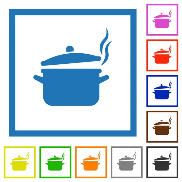 Steaming Pot Lid Flat Color Icons Square Frames White Background — Stock Vector