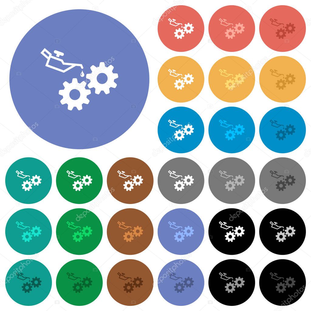 Oiler can and gears multi colored flat icons on round backgrounds. Included white, light and dark icon variations for hover and active status effects, and bonus shades.