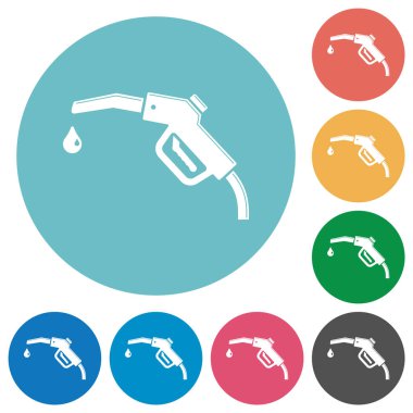 Parlak benzin pompası, yuvarlak renkli arka planda düz beyaz simgeler.