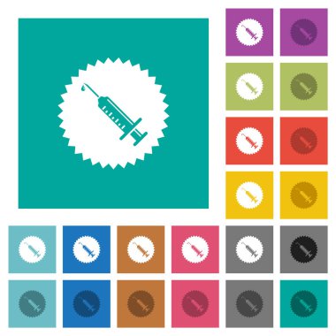 Sertifikalı aşı, düz arkaplan üzerinde çok renkli düz ikonlar. Uçan veya etkin efektler için beyaz ve koyu simge varyasyonları.