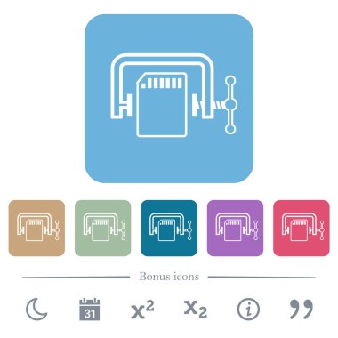 SD hafıza kartı, beyaz düz simgeleri renkli yuvarlak kare arkaplanlar üzerine sıkıştırır. 6 bonus simgesi dahil