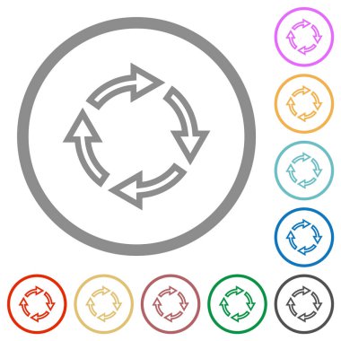 Beyaz arkaplanda düz renk simgelerini yuvarlak hatlarda döndürün