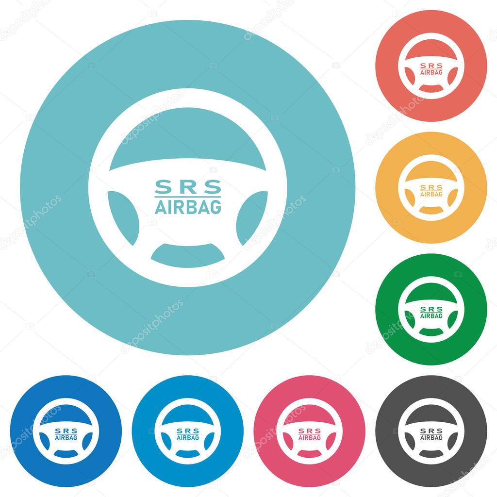 Steering wheel airbag flat white icons on round color backgrounds