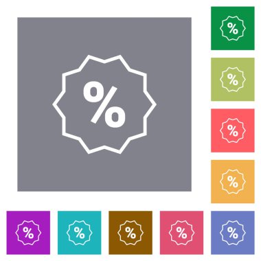 Basit renk kare arkaplanlarında indirimli etiket ana hatları düz simgeleri