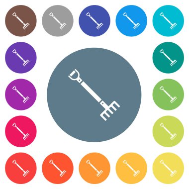 Yuvarlak renkli arka planda tek tırmık düz beyaz simgeler. 17 arkaplan renk varyasyonu dahil.