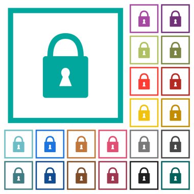 Kilitli asma kilit, beyaz arkaplanda çeyrek çerçeve içeren düz renk simgeleriyle