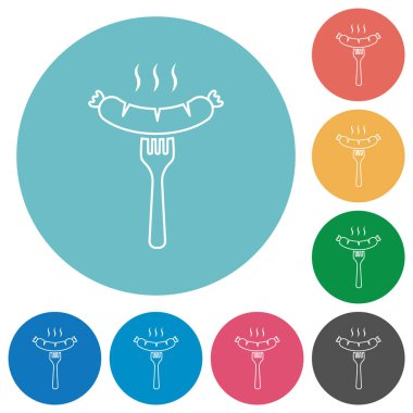 Izgara sosis, düz beyaz simgeler ve yuvarlak renkli arka planlar.