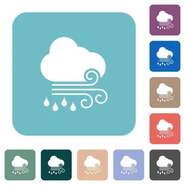 Windy Rainy Weather White Flat Icons Color Rounded Square Backgrounds — Stock Vector