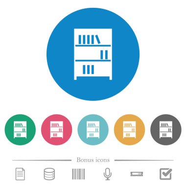 Kitap rafında düz beyaz simgeler ve yuvarlak renkli arka planlar var. 6 bonus simgesi dahil.