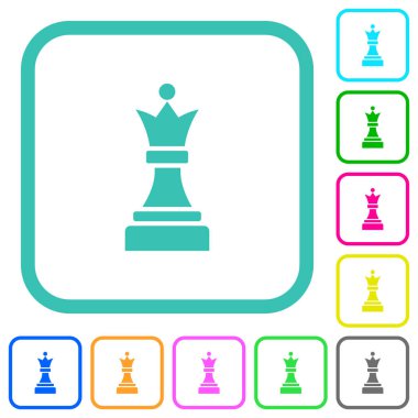 Siyah satranç kraliçesi beyaz arka planda kavisli kenarlıklar içinde canlı renkli düz simgeler