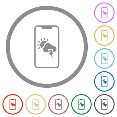 Modern akıllı telefon düz renk simgeleri üzerine hava tahmini beyaz zemin üzerinde yuvarlak hatlar