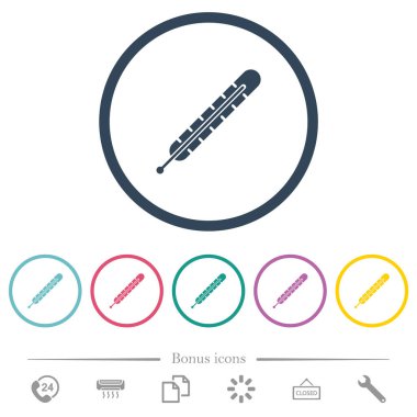 Ateşli termometre düz renk simgeleri yuvarlak hatlarda. 6 bonus simgesi dahil.