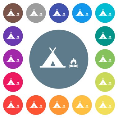 Yuvarlak renkli arka planlarda düz beyaz simgeler kamp kuruyorlar. 17 arkaplan renk varyasyonu dahil.