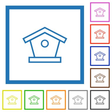 Kuş besleyicisi beyaz arkaplanda kare çerçevelerde düz renk simgeleri çizer