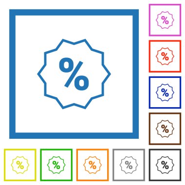 İndirim etiketi beyaz arkaplandaki kare çerçevelerdeki düz renk simgeleri