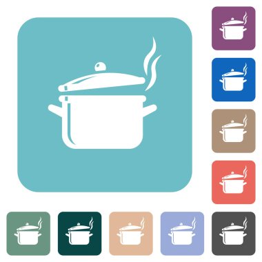 Steaming glossy pot with lid white flat icons on color rounded square backgrounds