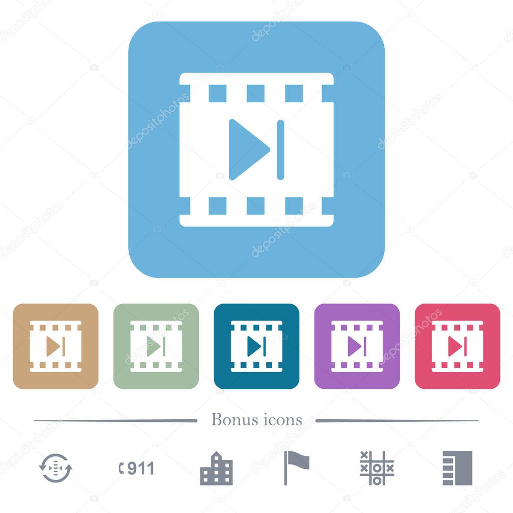 Next movie white flat icons on color rounded square backgrounds. 6 bonus icons included