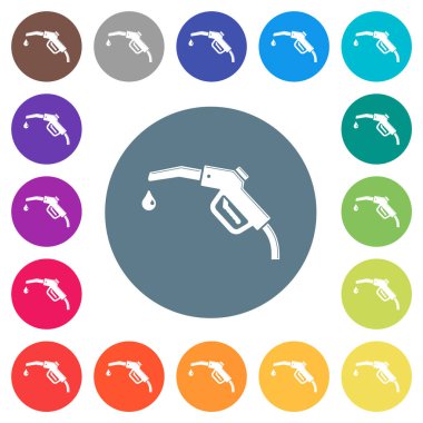 Parlak benzin pompası, yuvarlak renkli arka planlarda düz beyaz simgeler. 17 arkaplan renk varyasyonu dahil.