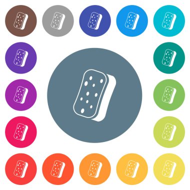 Dishwashing sponge flat white icons on round color backgrounds. 17 background color variations are included.