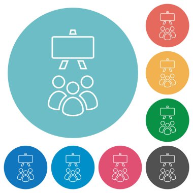 Classroom outline flat white icons on round color backgrounds