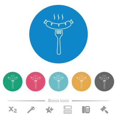 Izgara sosis, düz beyaz simgeler ve yuvarlak renkli arka planlar. 6 bonus simgesi dahil.