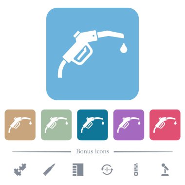 Benzin pompası, yuvarlak kare arka planlarda katı beyaz düz simgeler. 6 bonus simgesi dahil