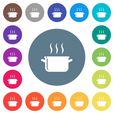 Steaming glossy pot flat white icons on round color backgrounds. 17 background color variations are included.