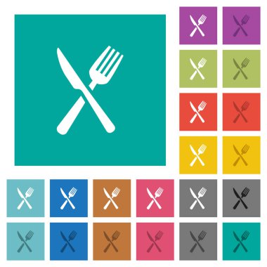Çatal ve bıçak çapraz pozisyonda düz arkaplanda çok renkli düz ikonlar. Uçan veya etkin efektler için beyaz ve koyu simge varyasyonları.