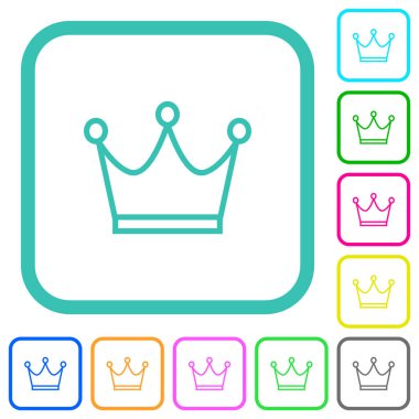 Beyaz arkaplan üzerinde eğri kenarlıklarda Crown ana hatları canlı renkli düz simgeler
