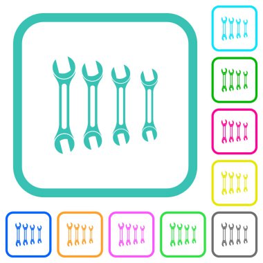 Beyaz arkaplan üzerinde eğri kenarlıklarda canlı renkli düz simgeler kümesi