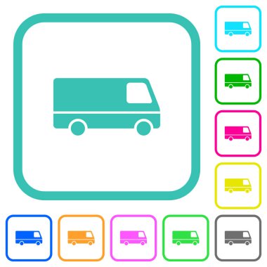 Beyaz arkaplan üzerinde eğri kenarlı kenarlıklarda Van yan görünümü canlı renkli düz simgeler