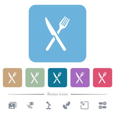 Çatal ve bıçak çapraz konumda beyaz düz ikonlar yuvarlak kare arka planda. 6 bonus simgesi dahil