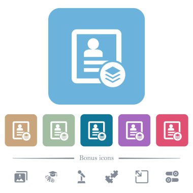 Renkli yuvarlak kare arkaplan üzerinde birden fazla beyaz düz simge. 6 bonus simgesi dahil