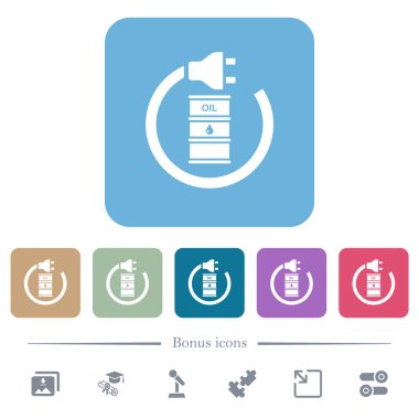 Renkli yuvarlak kare arkaplan üzerine yağlı enerji beyaz düz simgeler. 6 bonus simgesi dahil