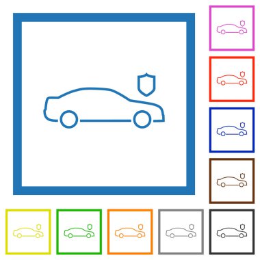 Araba güvenliği beyaz arkaplanda kare çerçeveli düz renk simgeleri çizer