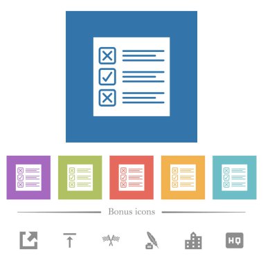 Kare arkaplanda düz beyaz simgeler anket kağıdı. 6 bonus simgesi dahil.