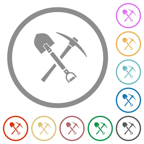 Shovel Pickaxe Flat Color Icons Outlines White Background — Stock Vector
