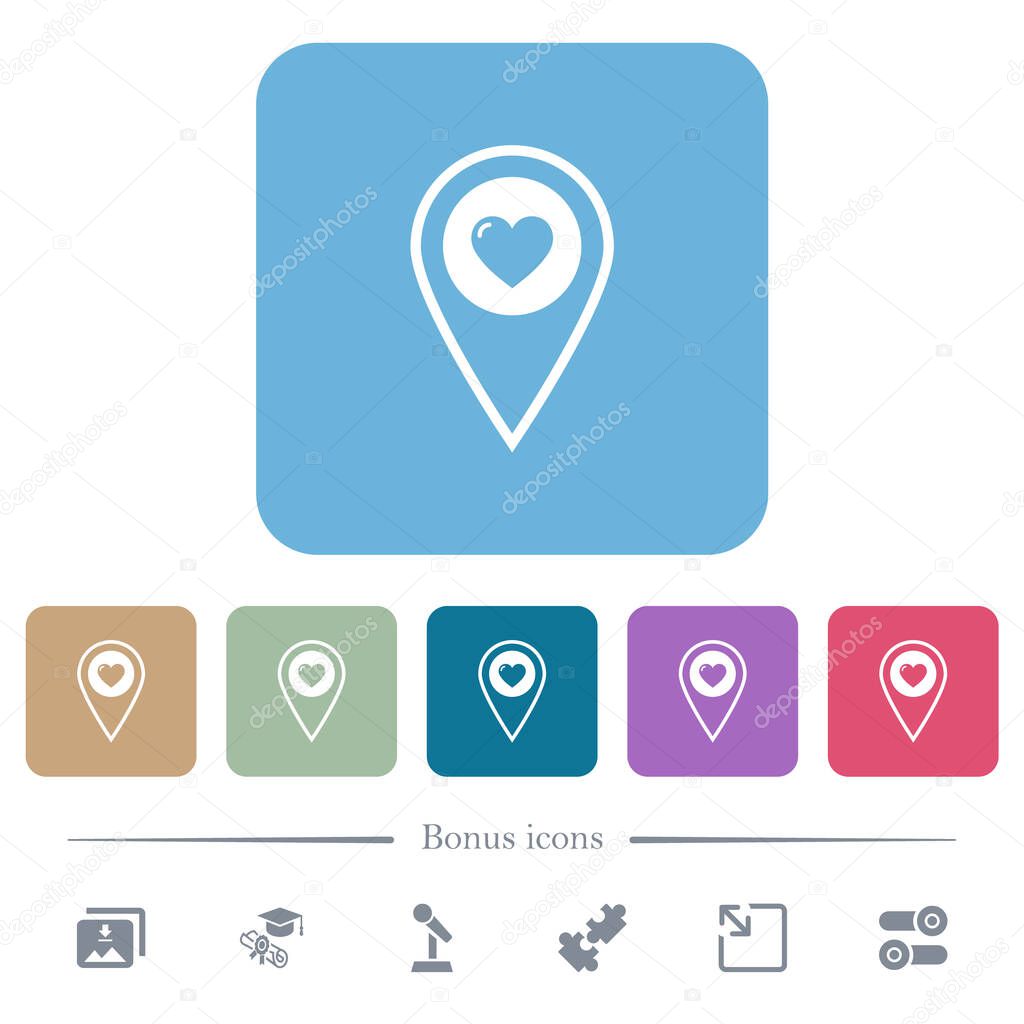 Favorite GPS map location white flat icons on color rounded square backgrounds. 6 bonus icons included