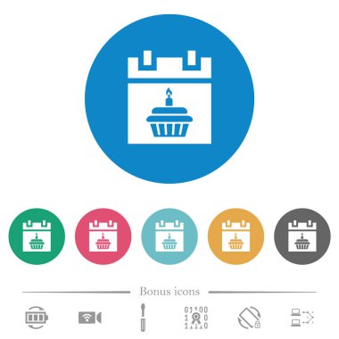 Yuvarlak renkli arka planda düz beyaz simgeler. 6 bonus simgesi dahil.